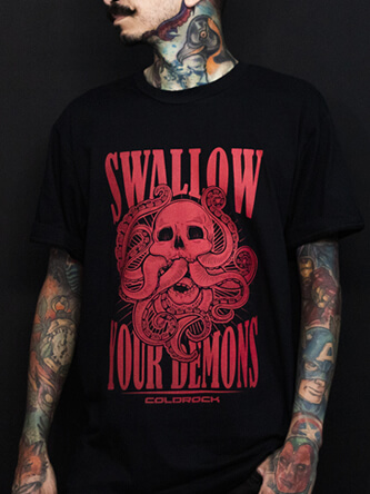 Layout da camiseta da banda Swallow Your Demons