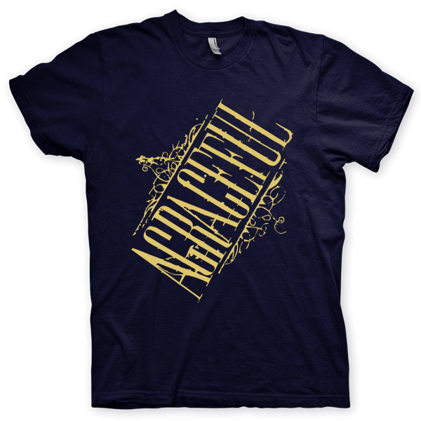 Montagem digital da camiseta preta com estampa azul com arte centralizada da banda Agraceful