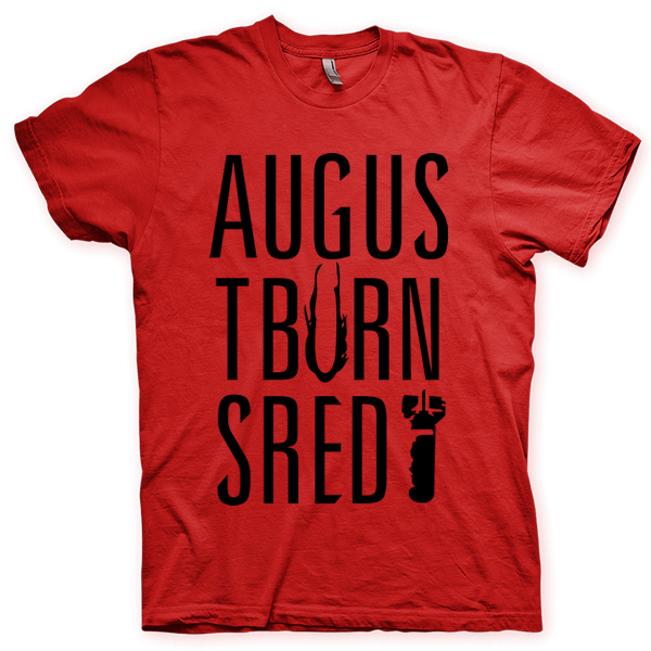 Montagem digital da camiseta preta com estampa azul com arte centralizada da banda August Burns Red, Looks Fragile After All
