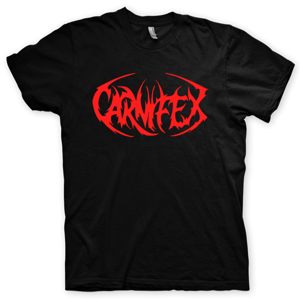 Montagem digital da camiseta preta com estampa azul com arte centralizada da banda Carnifex, Until I Feel Nothing
