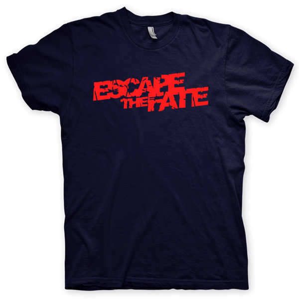 Montagem digital da camiseta preta com estampa azul com arte centralizada da banda Escape The Fate, Picture Perfect
