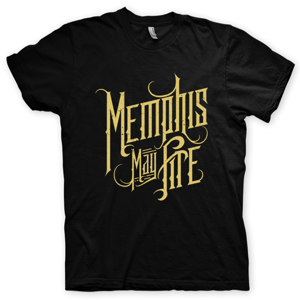 Montagem digital da camiseta preta com estampa azul com arte centralizada da banda Memphis May Fire, The Hollow