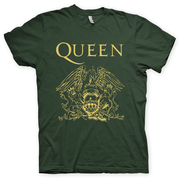 Montagem digital da camiseta preta com estampa azul com arte centralizada da banda Queen