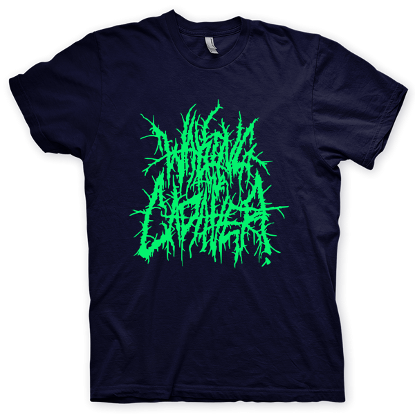 Montagem digital da camiseta preta com estampa azul com arte centralizada da banda Waking The Cadaver, Insult To Injury