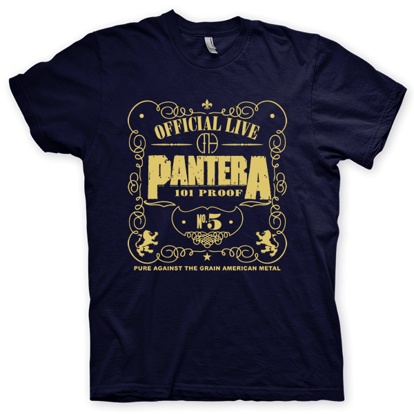 Montagem digital da camiseta preta com estampa azul com arte centralizada da banda Pantera, 101 Proof