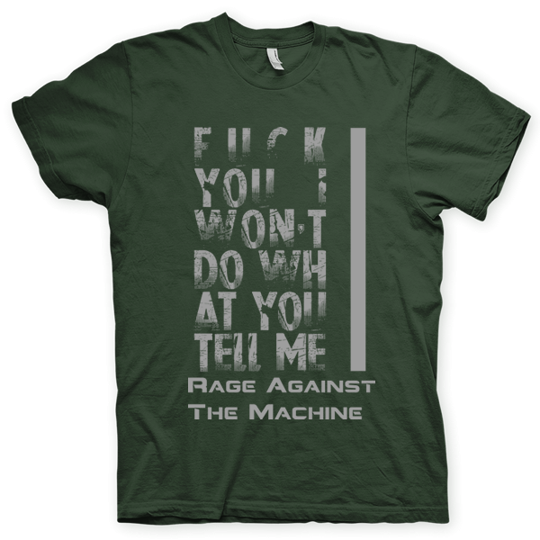 Montagem digital da camiseta preta com estampa azul com arte centralizada da banda Rage Against The Machine, Killing In The Name