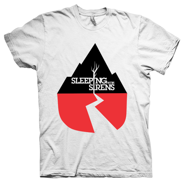 Montagem digital da camiseta preta com estampa azul com arte centralizada da banda Sleeping With Sirens