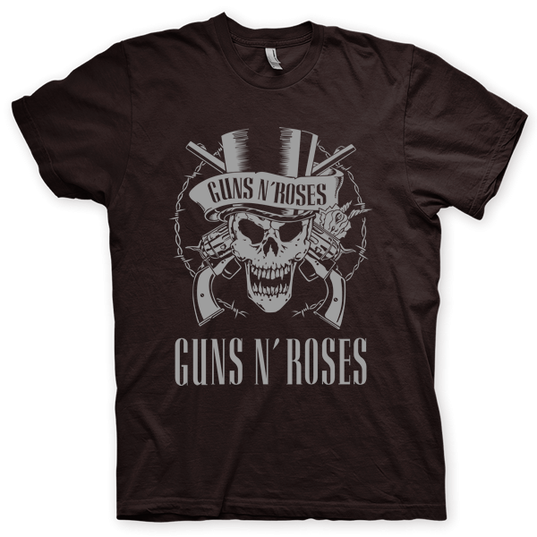 Montagem digital da camiseta preta com estampa azul com arte centralizada da banda Guns N Roses
