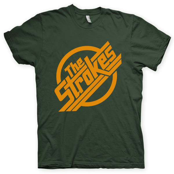 Montagem digital da camiseta preta com estampa azul com arte centralizada da banda The Strokes, Last Nite