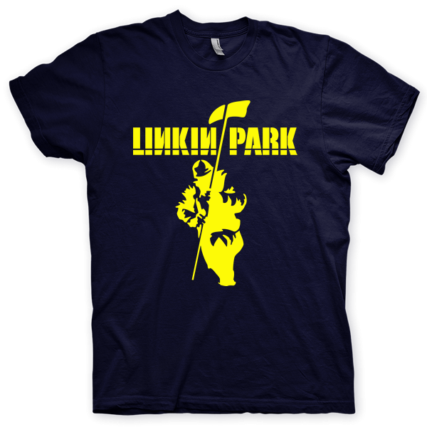 Montagem digital da camiseta preta com estampa azul com arte centralizada da banda Linkin Park, Hybrid Theory