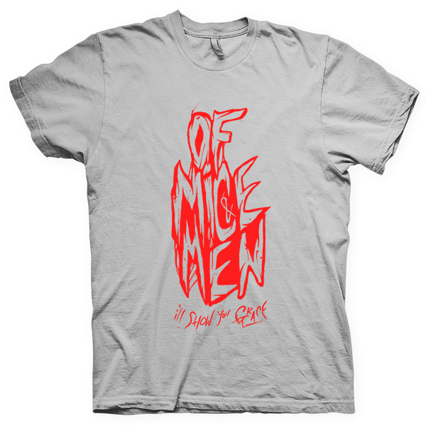 Montagem digital da camiseta preta com estampa azul com arte centralizada da banda OF MICE & MEN