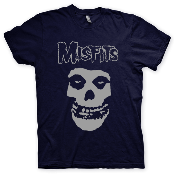 Montagem digital da camiseta preta com estampa azul com arte centralizada da banda Misfits, Hybrid Moments