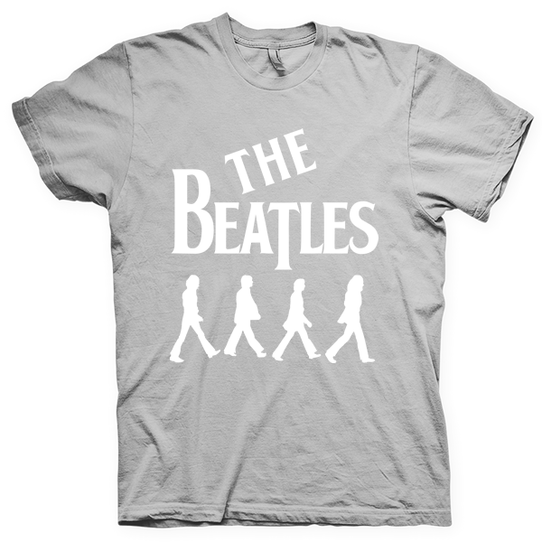Montagem digital da camiseta preta com estampa azul com arte centralizada da banda The Beatles, Abbey Road