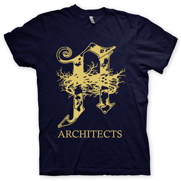 Montagem digital da camiseta preta com estampa azul com arte centralizada da banda Architects, Daybreaker