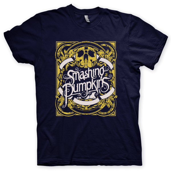 Montagem digital da camiseta preta com estampa azul com arte centralizada da banda The Smashing Pumpkins, Mizner Park Amphitheatre