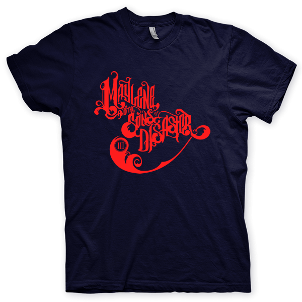 Montagem digital da camiseta preta com estampa azul com arte centralizada da banda Maylene And The Sons Of Disaster, Just A Shock