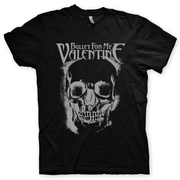 Montagem digital da camiseta preta com estampa azul com arte centralizada da banda Bullet For My Valentine, Waking the Demon