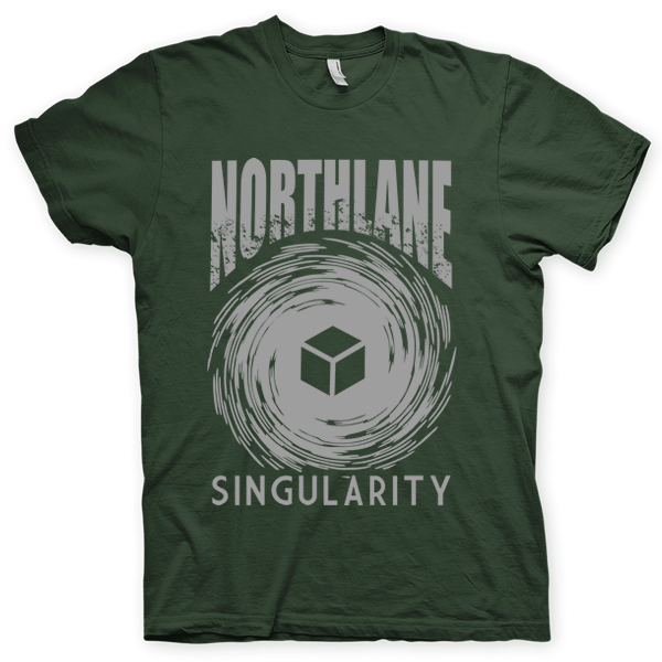 Montagem digital da camiseta preta com estampa azul com arte centralizada da banda Northlane, Discoveries