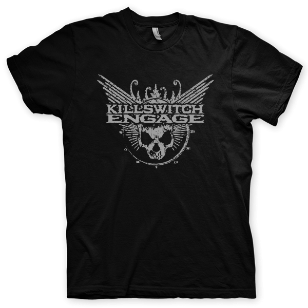 Montagem digital da camiseta preta com estampa azul com arte centralizada da banda Killswitch Engage