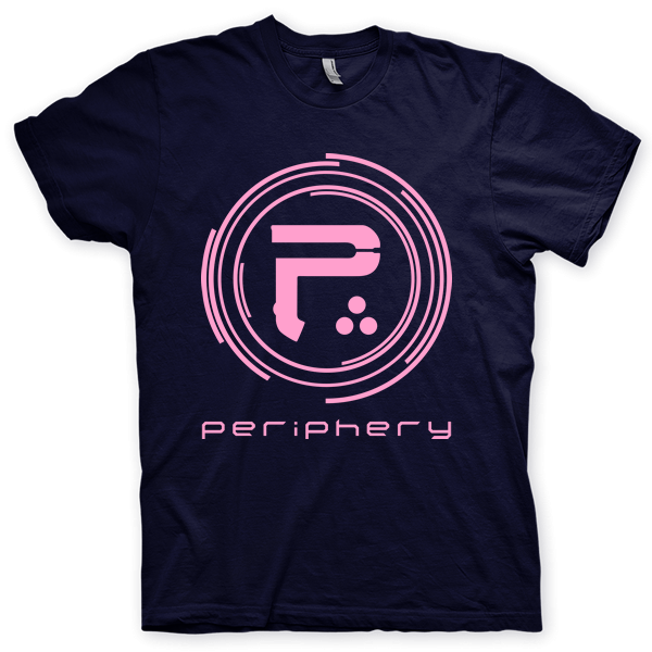 Montagem digital da camiseta preta com estampa azul com arte centralizada da banda Periphery, Scarlet