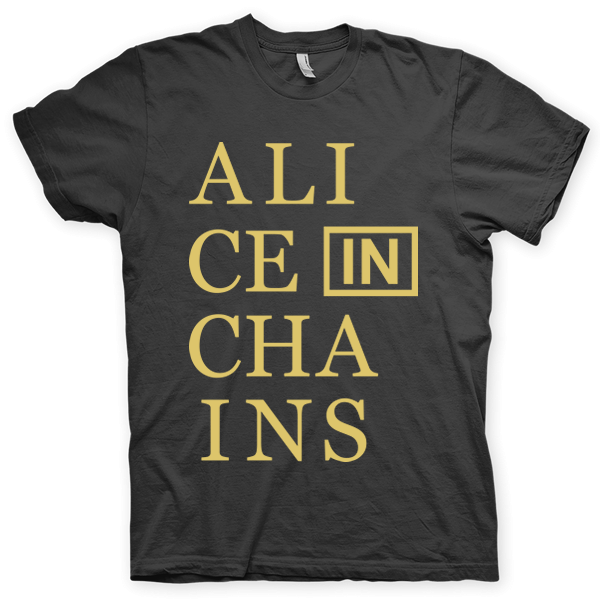 Montagem digital da camiseta preta com estampa azul com arte centralizada da banda Alice In Chains, Man in the Box