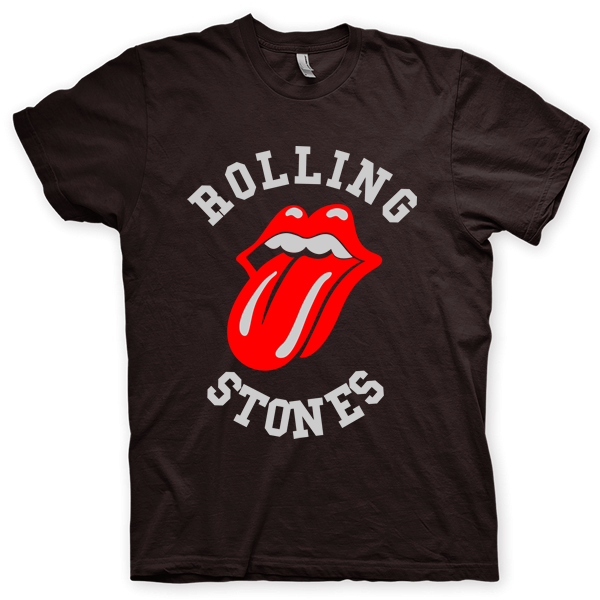 Montagem digital da camiseta preta com estampa azul com arte centralizada da banda The Rolling Stones