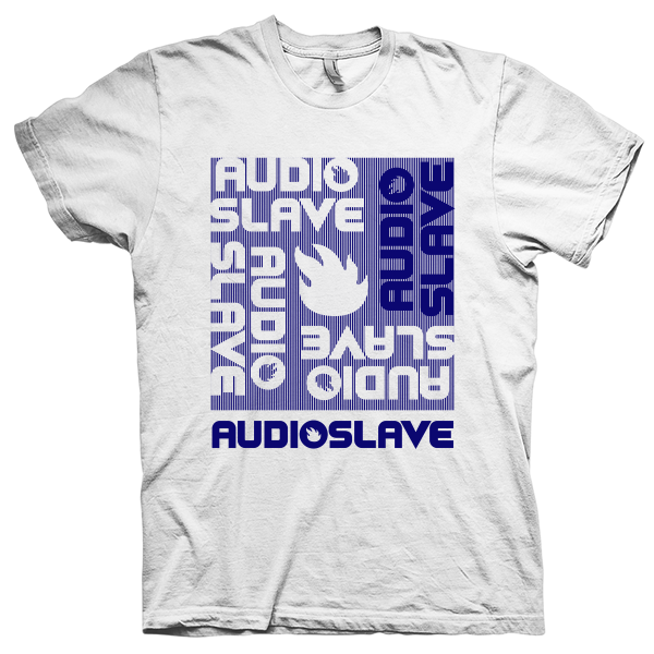 Montagem digital da camiseta preta com estampa azul com arte centralizada da banda Audioslave, Cochise