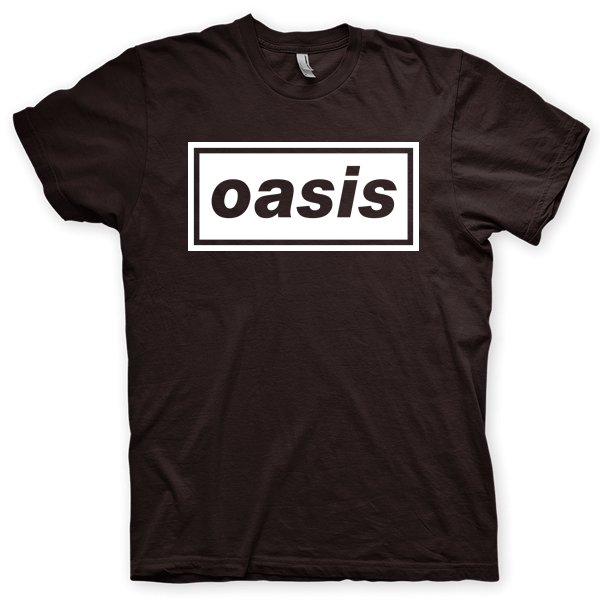 Montagem digital da camiseta preta com estampa azul com arte centralizada da banda Oasis, Wonderwall