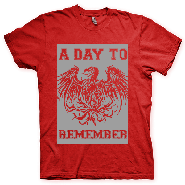 Montagem digital da camiseta preta com estampa azul com arte centralizada da banda A Day To Remember, For Those Who Have Heart