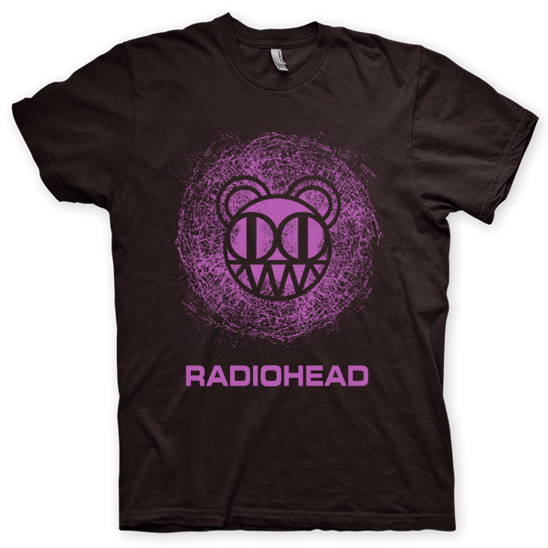 Montagem digital da camiseta preta com estampa azul com arte centralizada da banda Radiohead, Union Street