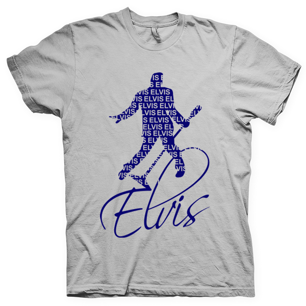 Montagem digital da camiseta preta com estampa azul com arte centralizada da banda Elvis Presley
