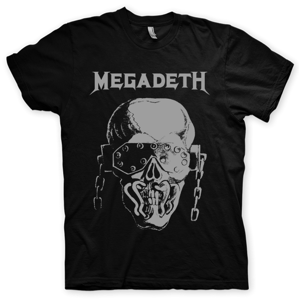 Montagem digital da camiseta preta com estampa azul com arte centralizada da banda Megadeth, Rattlehead