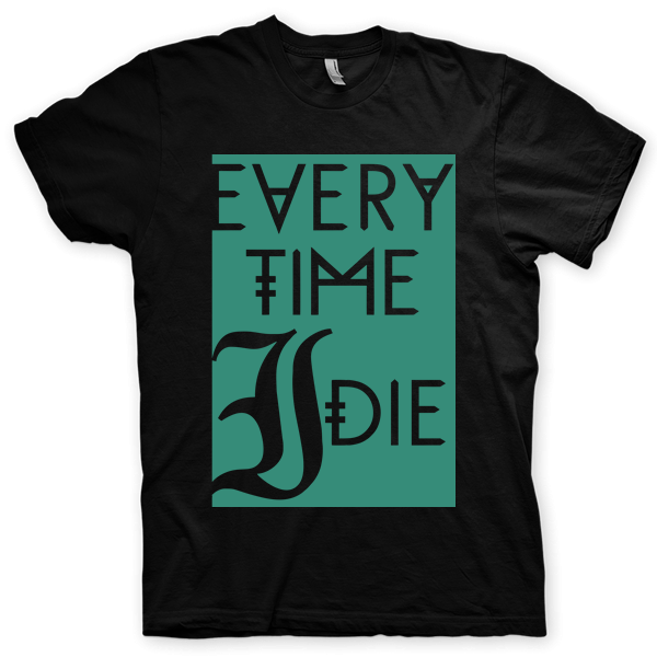 Montagem digital da camiseta preta com estampa azul com arte centralizada da banda Every Time I Die