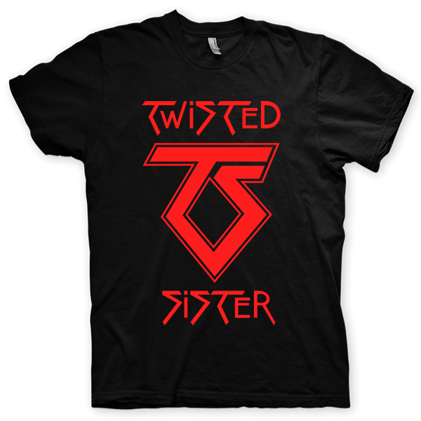 Montagem digital da camiseta preta com estampa azul com arte centralizada da banda Twisted Sister