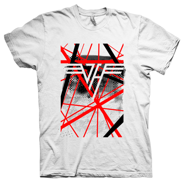 Montagem digital da camiseta preta com estampa azul com arte centralizada da banda Van Halen