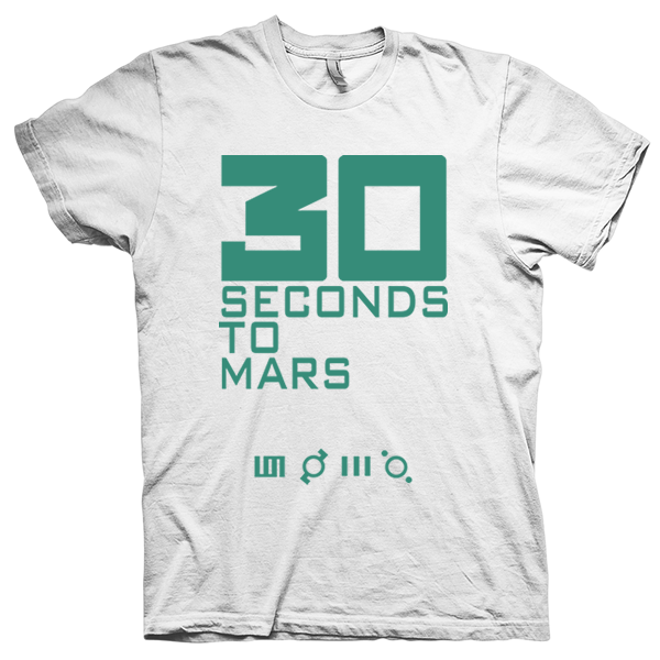 Montagem digital da camiseta preta com estampa azul com arte centralizada da banda Thirty Seconds To Mars