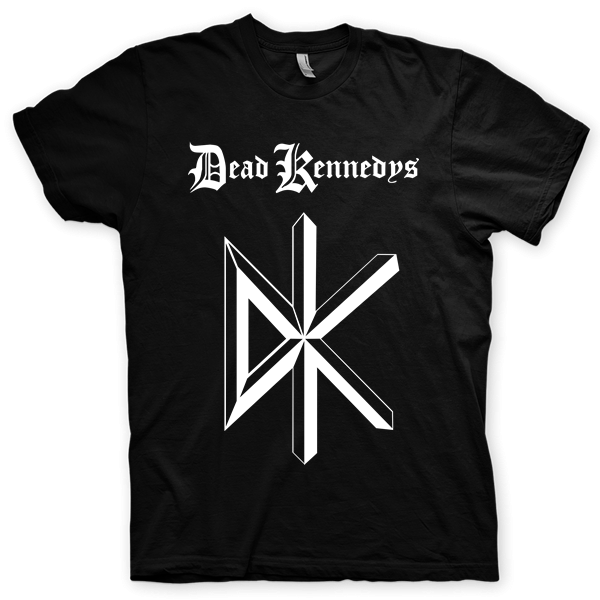 Montagem digital da camiseta preta com estampa azul com arte centralizada da banda Dead Kennedys