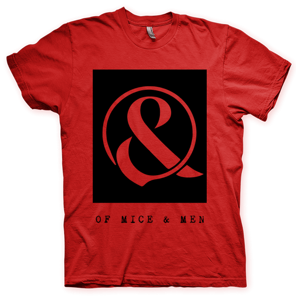 Montagem digital da camiseta preta com estampa azul com arte centralizada da banda Of Mice & Men, Symbol