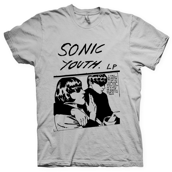 Montagem digital da camiseta preta com estampa azul com arte centralizada da banda Sonic Youth
