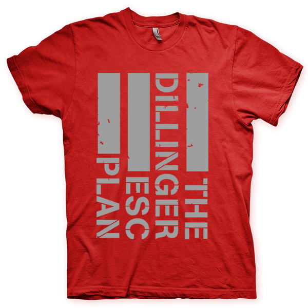 Montagem digital da camiseta preta com estampa azul com arte centralizada da banda The Dillinger Escape Plan
