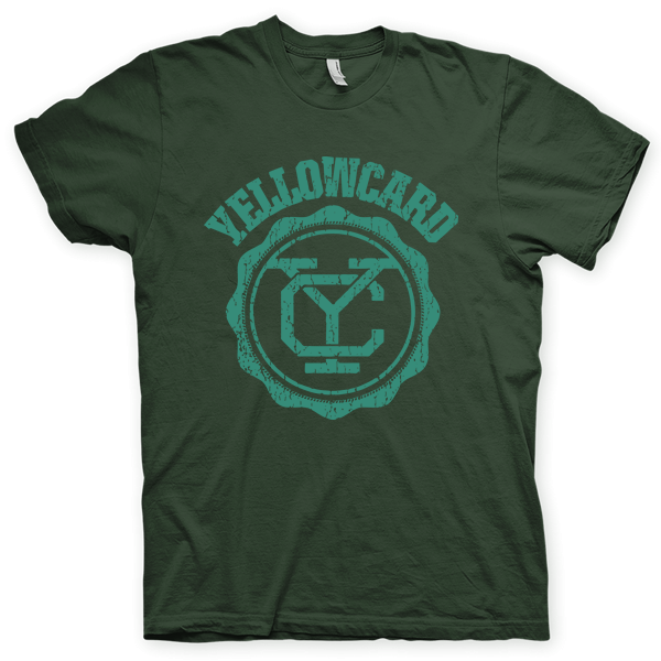 Montagem digital da camiseta preta com estampa azul com arte centralizada da banda Yellowcard, Hide