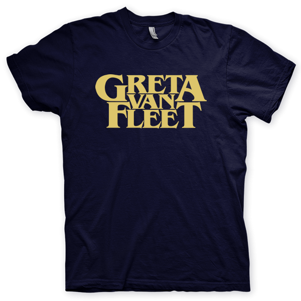 Montagem digital da camiseta preta com estampa azul com arte centralizada da banda Greta Van Fleet