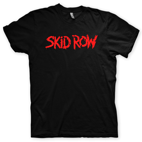 Montagem digital da camiseta preta com estampa azul com arte centralizada da banda Skid Row