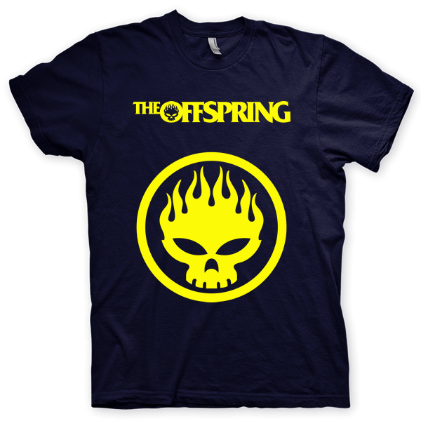 Montagem digital da camiseta preta com estampa azul com arte centralizada da banda The Offspring