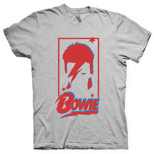 Montagem digital da camiseta preta com estampa azul com arte centralizada da banda David Bowie
