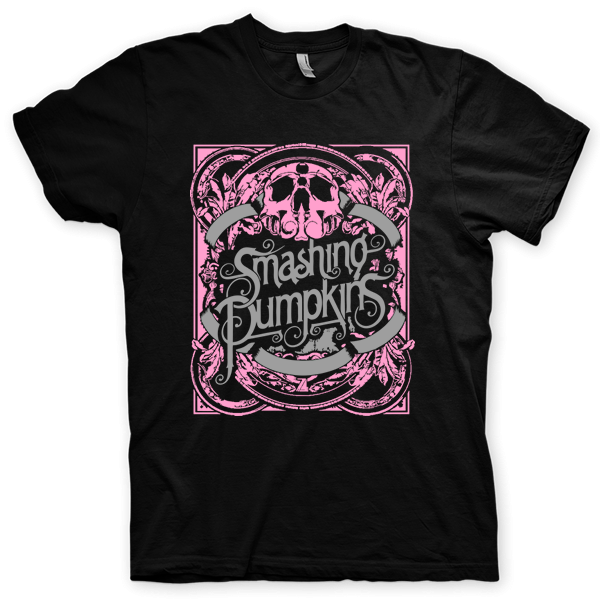 Montagem digital da camiseta preta com estampa azul com arte centralizada da banda The Smashing Pumpkins, Mizner Park Amphitheatre