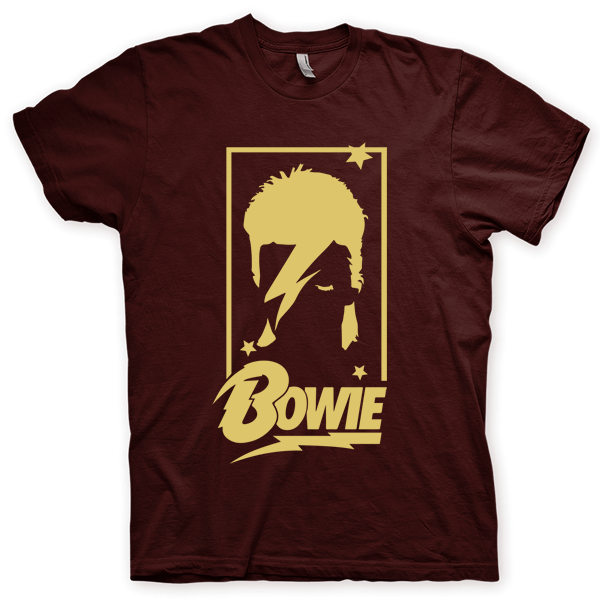 Montagem digital da camiseta preta com estampa azul com arte centralizada da banda David Bowie