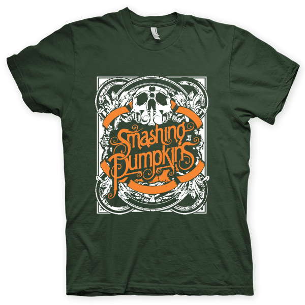 Montagem digital da camiseta preta com estampa azul com arte centralizada da banda The Smashing Pumpkins, Mizner Park Amphitheatre