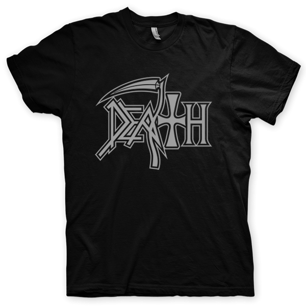 Montagem digital da camiseta preta com estampa azul com arte centralizada da banda Death