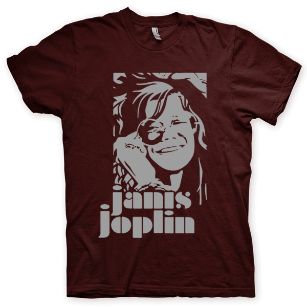 Montagem digital da camiseta preta com estampa azul com arte centralizada da banda Janis Joplin